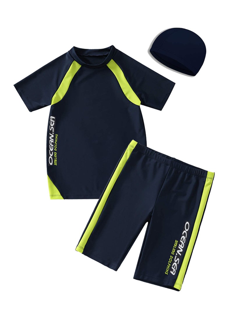 KID1234 Kids Boys Swimsuits UPF50+UV Swimwear Set Two Piece Rash Guard with hat for 4-14 Years Dark Blue - Image 1